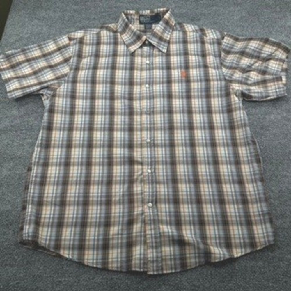 Polo Ralph Lauren Shirt Large Plaid S/S Snap Button Down Cotton Brown Blue L